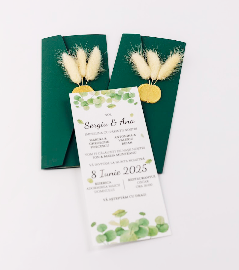 Invitație modernă de nuntă cu eucalipt și plic verde smarald