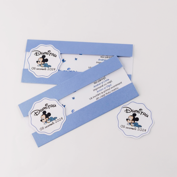 Invitație de cumătrie tip slider cu tematică Mickey Mouse Baby