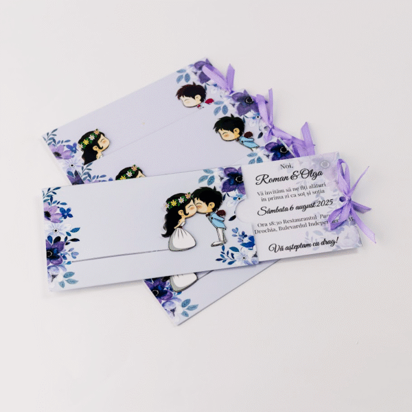 Invitație tip slider cu mire și mireasă, în nuanțe delicate de mov și violet floral.