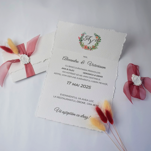 Invitație de nuntă elegantă cu margini tăiate manual și accente florale în nuanțe pastelate