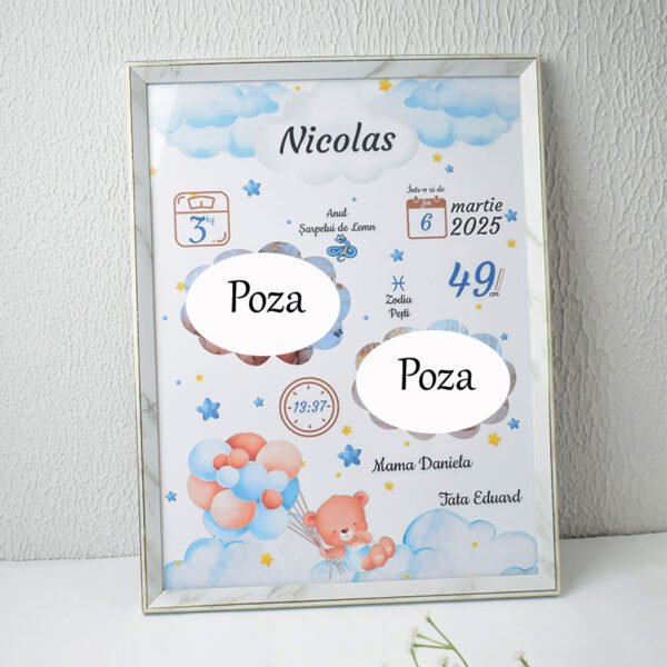 Metrica „Nourași și Ursuleț cu Baloane cu 2 poze” – Format A3