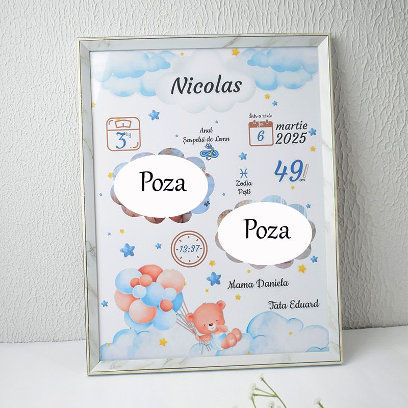 Metrica „Nourași și Ursuleț cu Baloane cu 2 poze” – Format A3