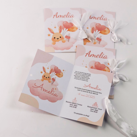 Invitație pentru cumătrie tip carte – tematică iepuraș cu fundiță