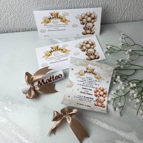 Invitație pentru băiat cu ursuleț – nuanțe bej