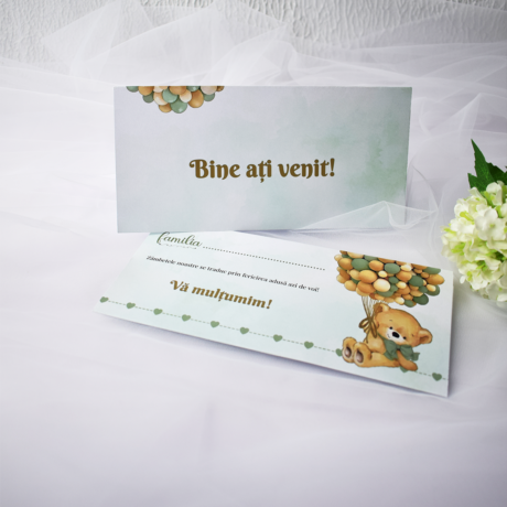 Plic pentru bani pentru cumătrie – Ursuleț verde cu baloane