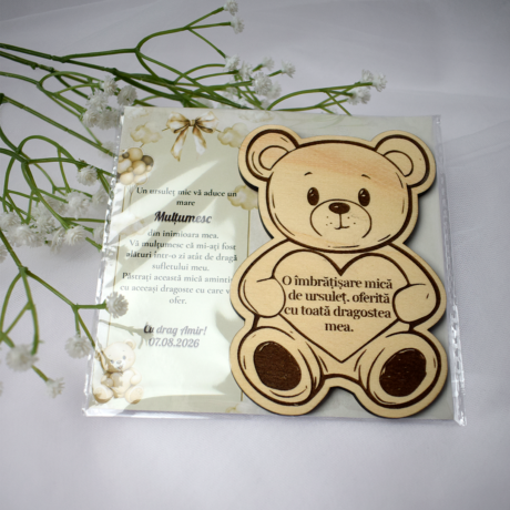 Mărturie magnetică din lemn personalizată „Ursuleț”