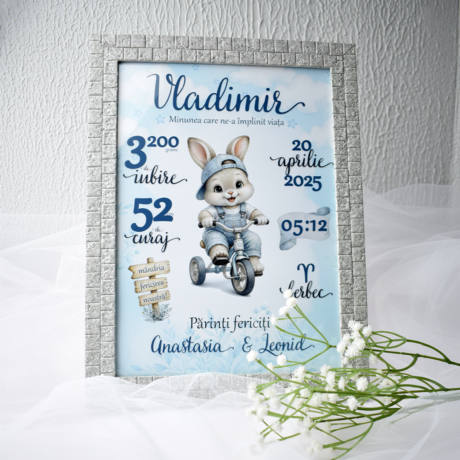 Metrică personalizată pentru băiețel cu iepuraș - Format A4